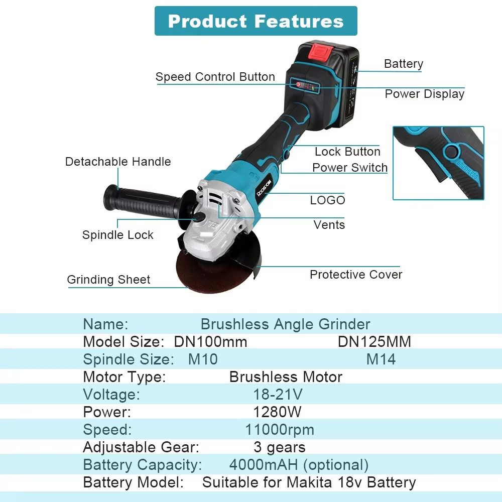 Brushless Angle Grinder Battery Powered - 125/100Mm Penggiling Sudut Variabel Tanpa Sikat